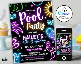 Neon Pool Party Invitation, Girl Pool Party Birthday Invite, Pink Glow Neon Swimming Party, Tropical Girl Pool Party Evite, Editable PP10