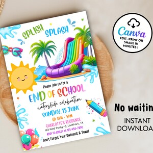 Peut inclure: Une invitation color&eacute;e pour une c&eacute;l&eacute;bration de fin d'&eacute;cole avec toboggan aquatique. Le design pr&eacute;sente un soleil de dessin anim&eacute;, un toboggan aquatique, des palmiers et le texte "End of School". L'invitation comprend &eacute;galement les d&eacute;tails de l'&eacute;v&eacute;nement et le logo Canva.