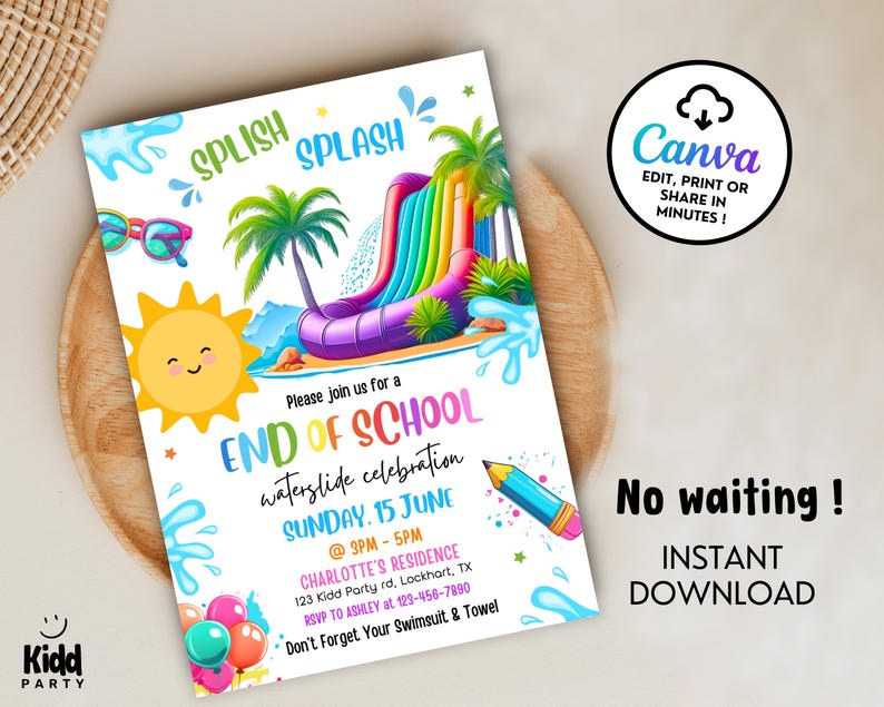 Peut inclure: Une invitation color&eacute;e pour une c&eacute;l&eacute;bration de fin d'&eacute;cole avec toboggan aquatique. Le design pr&eacute;sente un soleil de dessin anim&eacute;, un toboggan aquatique, des palmiers et le texte "End of School". L'invitation comprend &eacute;galement les d&eacute;tails de l'&eacute;v&eacute;nement et le logo Canva.