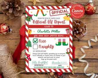 Puede incluir: Un informe oficial de elfo rojo y blanco, emitido por Papá Noel. El informe, personalizado para Charlotte Miller, indica que ha sido "Buena". El diseño incluye zapatos de elfo, un árbol de Navidad y un bastón de caramelo, con fecha del 21 de diciembre de 2021.