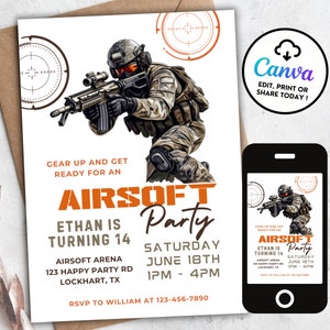 Convite editável para festa de Airsoft, panfleto militar camuflado, convite para munição e arma de jogo de Airsoft, tema de aniversário do exército Evite, download instantâneo AP2