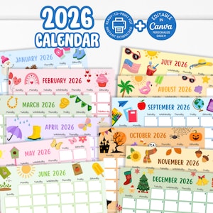 Printable 2026 Monthly Calendar, Family Planner, Class Wall Calendar, Editable Canva Instant Download SY2