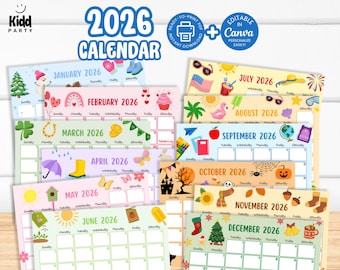 Printable 2026 Monthly Calendar, Family Planner, Class Wall Calendar, Editable Canva Instant Download SY2