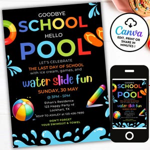End of School Water Slide Party Invitation, Backyard Waterslide Invitation Goodbye school hello summer Pool Party Editable Canva Invite ES17