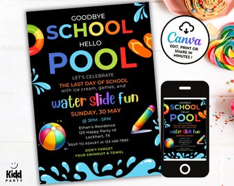 Invitation fête de fin d'école avec toboggan aquatique, invitation de toboggan aquatique dans la cour