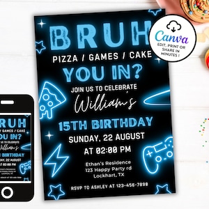 Neon Bruh Birthday Invitation, Pizza Game Cake Teen Bday, Editable Canva, Instant Download GP1