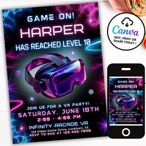 May include: A neon pink and blue invitation for a virtual reality party. The invitation features a VR headset and the text "Game On! Harper Has Reached Level 10". The party is scheduled for Saturday, June 18th from 2:00 to 4:00 PM at Infinity Arcade VR. The address and RSVP information are included.