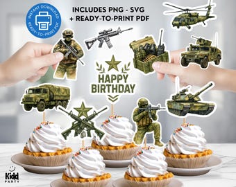 Può includere: Una collezione di decorazioni per cupcake e adesivi a tema militare. Le decorazioni presentano immagini di soldati, carri armati, elicotteri e veicoli militari. È incluso anche il testo "HAPPY BIRTHAY". L'immagine include anche il testo "INSTANT DOWNLOAD" e "READY-TO-PRINT PDF".