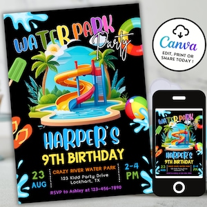 Invito di compleanno al parco acquatico, invito alla festa al parco acquatico, invito di compleanno allo scivolo d'acqua, festa estiva in piscina, parco acquatico, ragazzo e ragazza, Canva WP7
