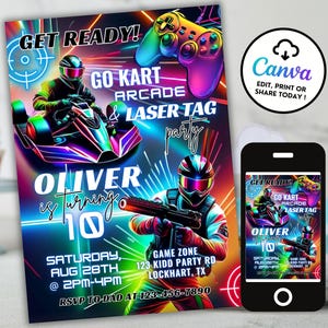May include: A neon-colored birthday party invitation for a 10-year-old boy. The invitation features a go-kart, a laser tag player, and the text "Get Ready! Go Kart Arcade & Laser Tag Party Oliver is turning 10".