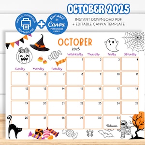October 2025 Calendar, Editable Homeschool Calendar, Printable Kids School Calendar, October 2025 Planner, Monthly Kids Schedule, Canva SY3