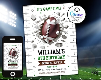Football Birthday Invitation, Kids Sports Party Invite, Editable Canva Template, Instant Download SB1