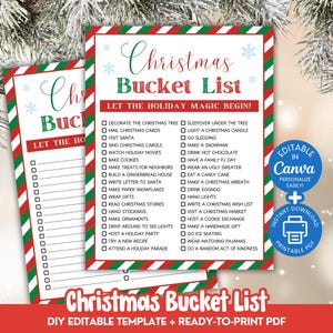 May include: Two Christmas Bucket List templates with red, white, and green borders. The lists include holiday activities like decorating a tree, baking cookies, and visiting Santa. The text "Christmas Bucket List" is at the top.