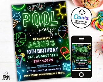 May include: Neon green and yellow pool party invitation with a black background. The invitation says "Pool Party" to celebrate Aaron's 10th birthday on Saturday, August 18th from 2:00 to 4:00 PM. The invitation includes the address and RSVP information.