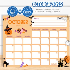October 2025 Calendar, Kids School Calendar, Printable October 2025 Planner, Monthly Kid Calendar, Halloween Planner, Editable Canva SY5