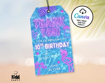 Neon Pool Party Gift Tag, Girl Pool Party Tag, Glow Pool Party Favor Tag Girl Birthday Tag, Pink Pool Birthday Thank You Label, Canva PP6b