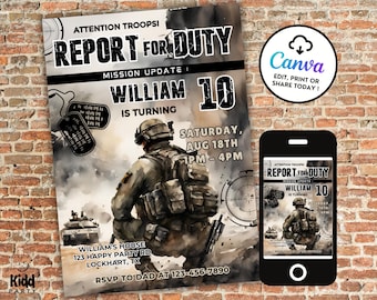 Report For Duty Birthday Invitation, Soldiers Invitation, Army, Military Video Game, Airsoft Camo Invite, War Bday, Editable Template AP13