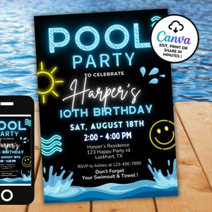 Neon Pool Party Birthday Invitation, Boy Summer Birthday Bash, Editable Canva Digital Template PP9