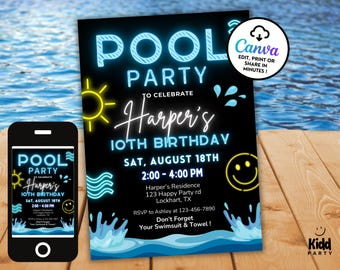 Neon Pool Party Birthday Invitation, Boy Summer Birthday Bash, Editable Canva Digital Template PP9