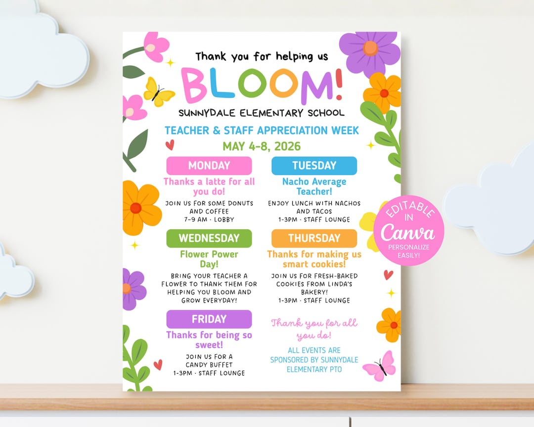 Spring Time Appreciation Week Editable Spring Teacher Appreciation Week Flyer Itinerary, Floral PTO ...