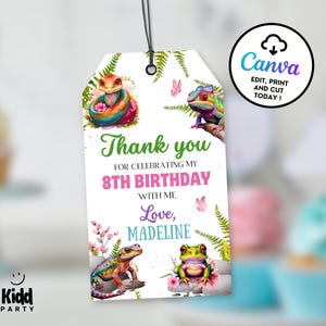 May include: A white gift tag with a black string, featuring colorful illustrations of reptiles and the text "Thank you for celebrating my 8th birthday with me, Love, Madeline." The tag also includes the Canva logo.