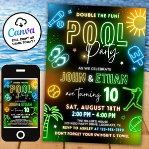 Op de afbeelding: Een levendige zwembadfeestuitnodiging met neon-stijl graphics. Het ontwerp bevat de tekst "Pool Party" en viert de 10e verjaardag van John & Ethan. Bevat datum, tijd, locatie en RSVP-informatie. Een smartphone toont hetzelfde ontwerp.