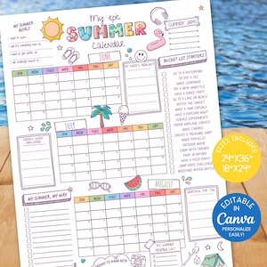 Affiche modifiable du calendrier d'été, liste imprimable de seaux d'été 2025 et planificateur d'activités, programme d'été de préadolescent, liste de contrôle d'activité, toile SC8