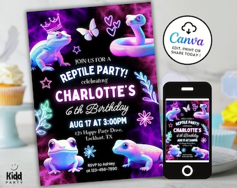 May include: A vibrant invitation for a reptile-themed birthday party. The design features neon illustrations of a lizard, snake, and frog, with the text "REPTILE PARTY!" and details for Charlotte's 6th birthday. A smartphone displays the invitation.