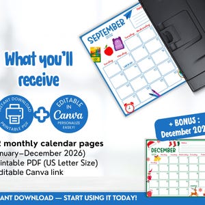 May include: A printable PDF calendar for 2026, with a bonus December 2025 calendar. The design includes a September 2020 calendar page with school-themed illustrations. The text reads "What you'll receive" and "Instant Download - Start using it today!"