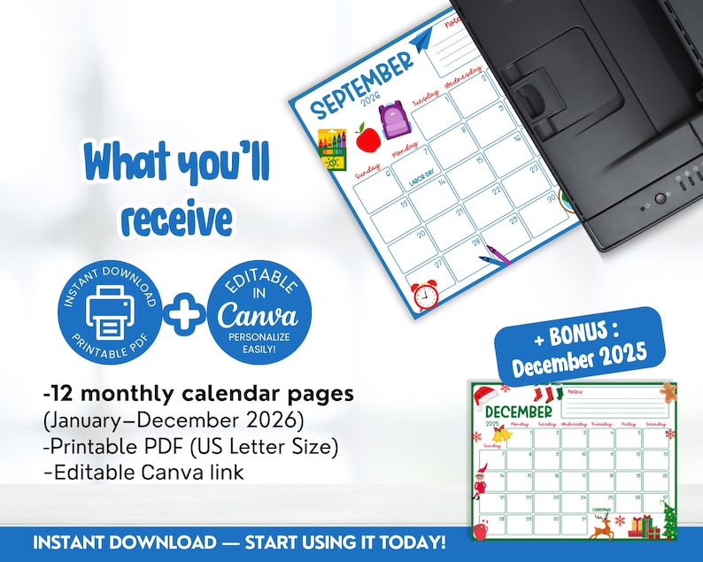 May include: A printable PDF calendar for 2026, with a bonus December 2025 calendar. The design includes a September 2020 calendar page with school-themed illustrations. The text reads "What you'll receive" and "Instant Download - Start using it today!"
