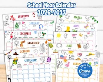 2026-2027 School Year Calendar, Classroom Monthly Planner, Editable Coloring Homeschool Schedule, Canva SY3