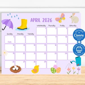 Editable April 2026 Calendar for Kid, Printable Classroom Monthly Planner, Easter Day Calendar SY2