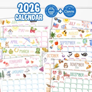 Printable 2026 Monthly Calendar, Family Planner, Class Wall Calendar, Editable Canva Instant Download SY8