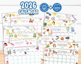 Printable 2026 Monthly Calendar, Family Planner, Class Wall Calendar, Editable Canva Instant Download SY8