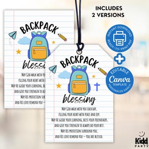 Printable Backpack Blessing Tags, First Day of School Prayer Tag, Back to School Blessing, First Day of School Gift Tag, Editable Canva PC3