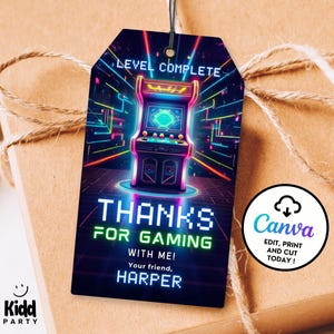 Bearbeitbarer Arcade-Dankeschön-Tag, Gaming-Geburtstags-Partybevorzugungs-Tag, Arcade-Party-Geschenkanhänger, Glow-Spieletikett, Neon-Boy-Spiel-Truck-Dankeskarte gp10