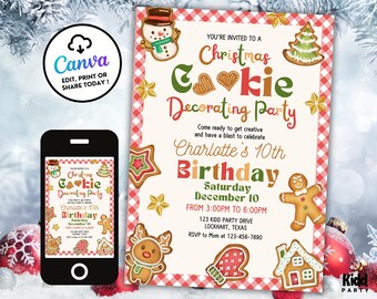 Editable Christmas Birthday Cookie Decorating Party Invitation, Kid Birthday Holiday Party Invite, Christmas Cookie Party, Gingerbread CKI2b