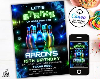 Editable Bowling Birthday Invitation, Glow Bowling Invitation, Neon Bowling Party, Boy Bowling Invite, Glow Invite, Strike Up Some Fun BP16
