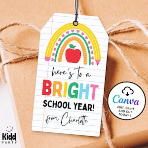 Etiquetas para el regreso a clases, Etiqueta para un año escolar brillante, Etiqueta imprimible para el primer día de clases, Etiqueta para regalo de recuerdo escolar, Descarga de Canva ST7