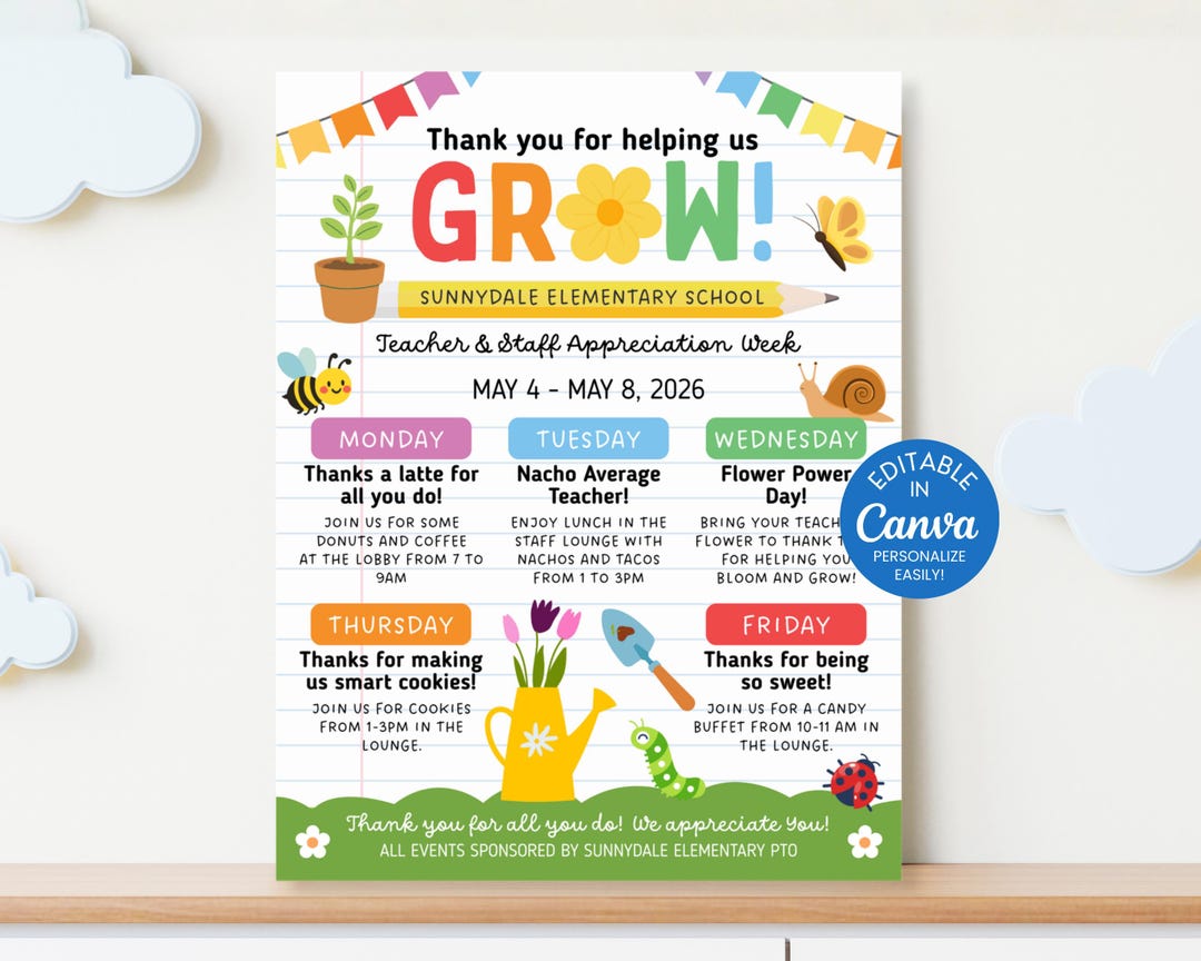 Spring Time Appreciation Week Spring Theme Teacher Appreciation Week Itinerary Flyer, Help Us Grow ...