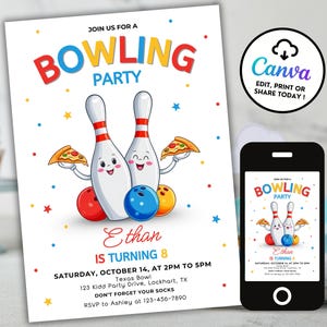 Bowling and Pizza Birthday Invitation, Editable Boy Bowling Party Invite, Pizza Party, Digital Kid Bowling Invitation, Birthday Theme BP13