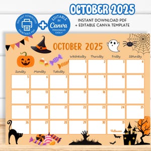 Editable October 2025 Calendar, Printable Kids School Calendar, Editable October 2025 Planner Monthly Kids Schedule, Digital Calendar SY2
