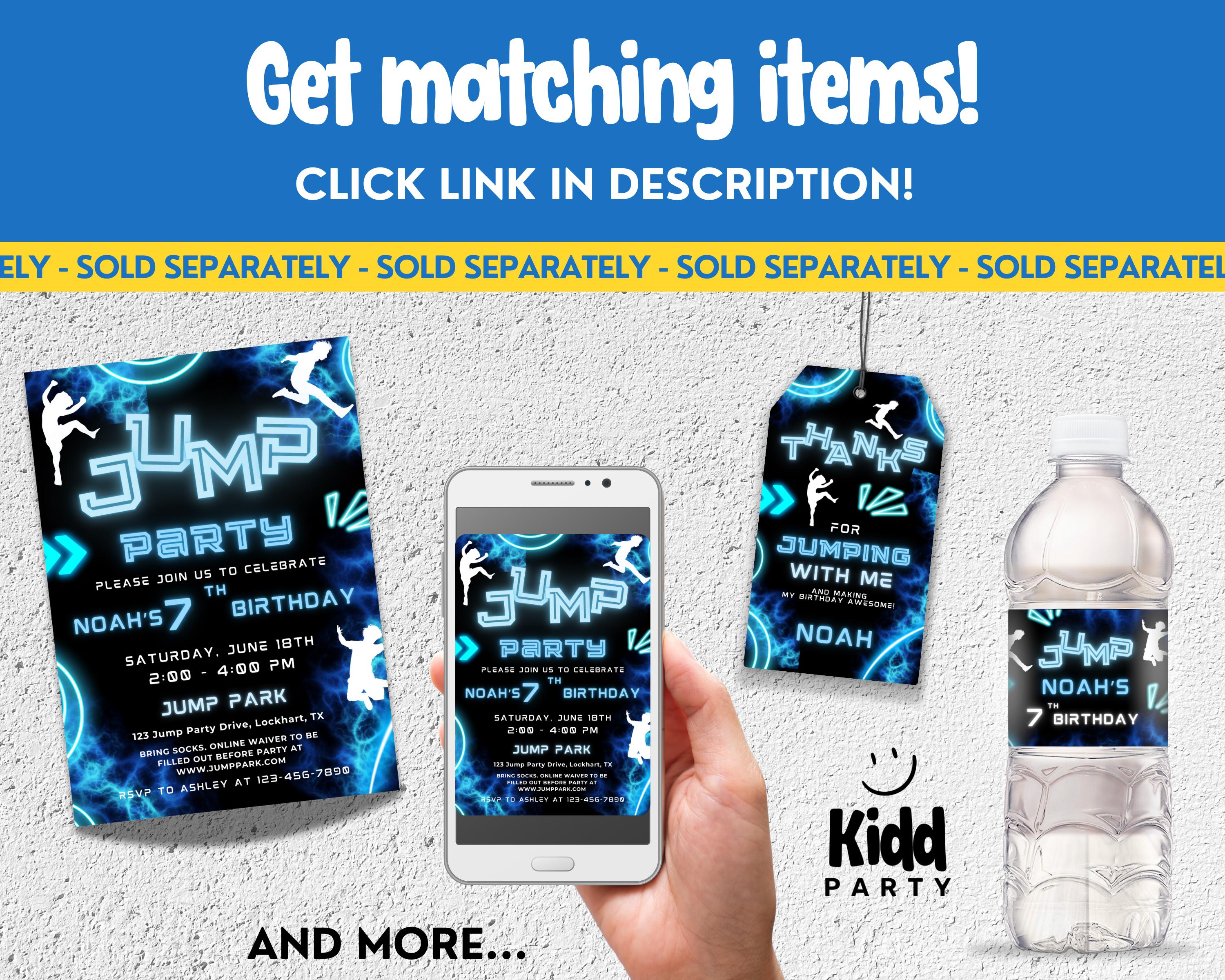 Editable Neon Blue Jump Birthday Party Invitation Trampoline Party Glow ...