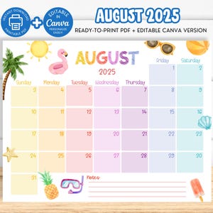 Bearbeitbarer August 2025 Kalender, Kinderschulkalender, druckbarer August 2025 Sommerplaner, monatlicher Kinderkalender Klassenzimmerkalender Canva SY7