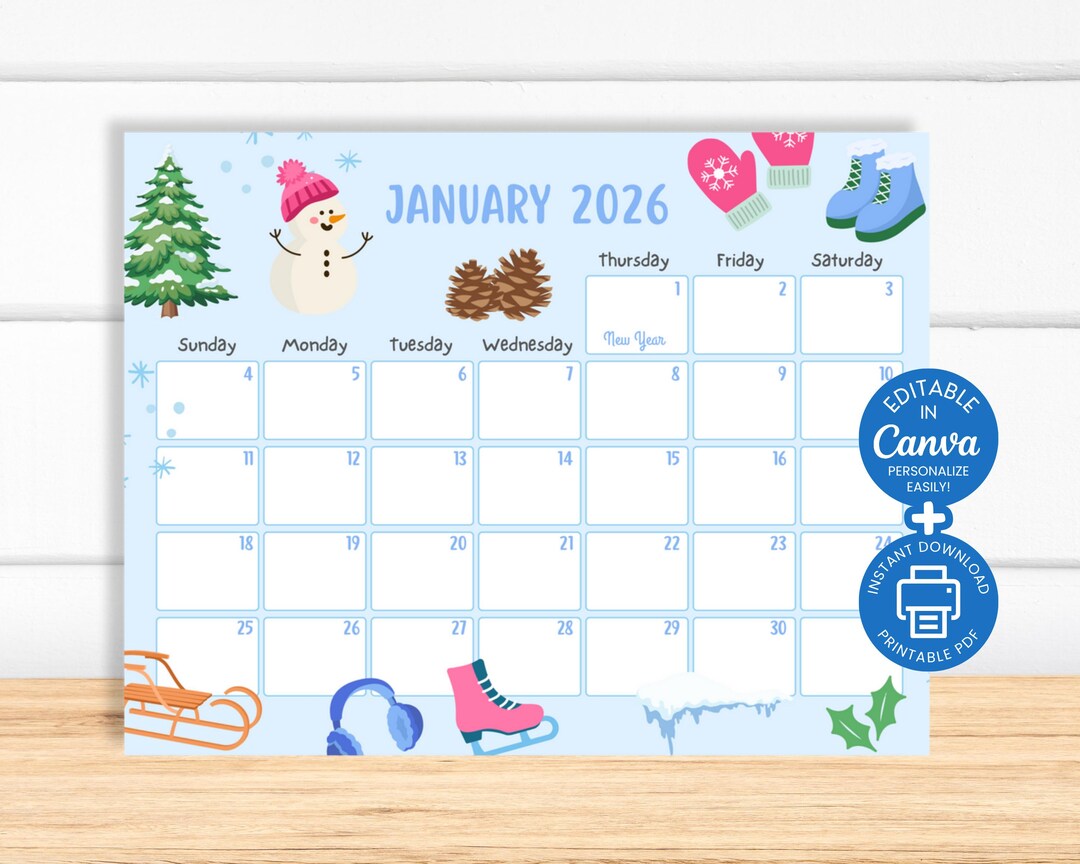 Editable January 2026 Calendar, Kids School, Printable Monthly Planner ...
