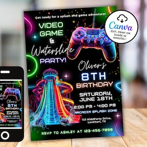 Neon Waterslide & Arcade Birthday Invitation, Glow Water Park, Gaming Party, Editable Digital Download GP18