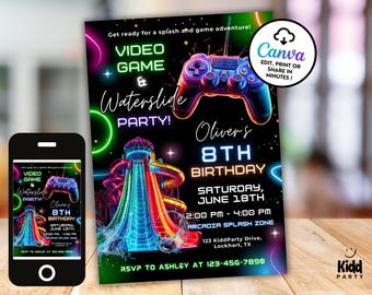Neon Waterslide & Arcade Birthday Invitation, Glow Water Park, Gaming Party, Editable Digital Download GP18