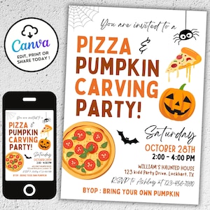 Pizza And Pumpkin Carving Party Invitation, Kid Halloween Invite, Pumpkin Carving Invite, Family Halloween Celebration, Editable Canva HP26