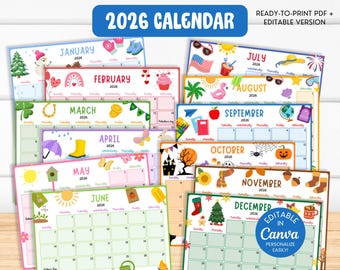 2026 Calendar, Printable Family Monthly Planner, Kid School Wall Calendar, Editable Canva SY4