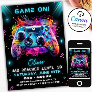 Può includere: Un invito a una festa di compleanno di un giocatore di colore blu neon e rosa con una grafica di un controller di videogiochi colorata. Il testo recita "Game On! Oliver ha raggiunto il livello 10. Sabato 18 giugno 14:00 - 16:00. 123 Video Game Drive, Lockhart, TX. RSVP ad Ashley al 123-456-7890."